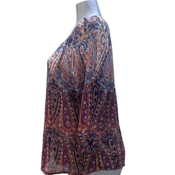 Sara Michelle Peasant Blouse Women's Petite L Neutral Paisley Keyhole 3/4 Sleeve - Picture 8 of 14